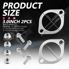 2PCS 3" Exhaust Gasket OEM#120-06310-0002,Heat Resistant Exhaust Flange Gasket Kit with 4PCS Exhaust Bolts & 4PCS Nut,Catalytic Converter Gasket Car Accessories for Most Vehicles (3 inch)