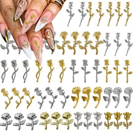 80Pcs Gold Rose Nail Charms Silver Flower Nail Art Charms Alloy Rosebud Nail Jewels 3D Metal Nail Rhinestone for Women Acrylic Nails Supplies Decoration DIY Craft Making
