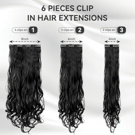 Extensiones de Cabello Natural Ondulado, 6 piezas, Extensiones de Cabello Natural con Clip, Clip Extensiones, Tamaño Ajustable, Resistente al Calor Extraíbles y Reutilizables (Negro)