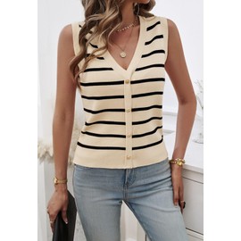 Women's Sweater Vest Sleeveless Striped V Neck Knit Tank Tops Button Front Cropped Vests 2025 Trendy, Apricot M