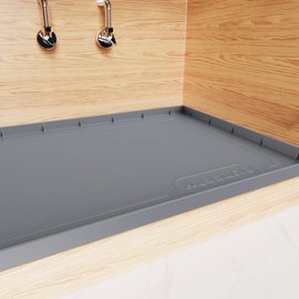 1 Inch Raised Under Sink Mat, 25" X 19" Under Kitchen Sink Mat [BPA Free] Waterproof Silicone Under Sink Mats Bathroom Kitchen Cabinet Shelf Protector, Under Sink Liner Tray, Grey
