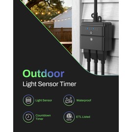 BN-LINK Outdoor Light Timer, Waterproof Plug-in Dusk-to-Dawn Controller with 3 Grounded Outlets for Christmas & Halloween String Lights, 15A 1/2HP, ETL Listed