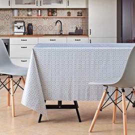 KP HOME Square Shape Grey PVC Wipe Clean Oilcloth Tablecloth With White Floral Print - 140x140cm - Classic Teal Wipeable Vinyl Plastic Table Cloth