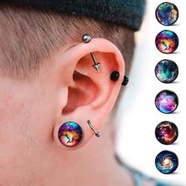 SIISPRI 6Pairs Galaxy Mens Earrings Set Hypoallergenic Surgical Stainless Steel Round Circle Button Stud Post Earrings 10MM, Stainless Steel, No Gemstone