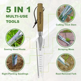 Haliaeetus Multi-Use Weed Trowel, Stainless Steel Dandelion Fork Puller, Serrated Edges Manual Weed Puller for Quick Cutting and Weeding, Garden Weed Trowel with Measuring Scale for Planting, Digging