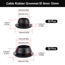 VEPEPE Pack of 60 Electrical Rubber Cable Grommets, Waterproof Cable Grommets Rubber ID 8 mm 12 mm, Cone Rubber Grommets for Cables, Black Cable Grommet Rubber Waterproof for Wire and Cable Protection
