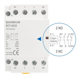 Baomain 110V AC 4-Pole Modular Contactor, 40A 2NO2NC Normally Open + Normally Closed, DIN Rail Mount for HVAC, Motor, Pump & Lighting Control BCT-40/22-110VAC