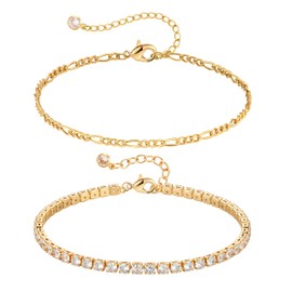 TONTMY STUDIOS Bracelet for Women Gold Layered Set Round CZ Cut Tennis Bracelet 2 Layer 14K Gold Filled Simple Dainty Figaro Link Chain Everyday Minimalist Bracelet Jewelry