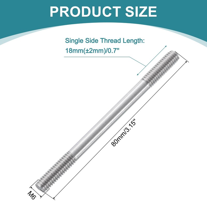 sourcing map 10pcs Double Ended Stud Screws, M6x80mm 304 Stainless