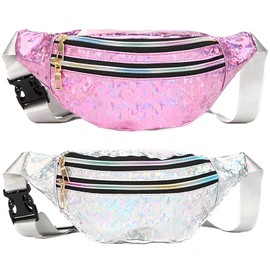 DOKLY 2 Pieces Holographic Fanny Pack, Stylish Fanny Pack Women, Waterproof Fanny Pack, Kids Fanny Pack, with Adjustable Belt, Suitable for Running, Camping, Travel, Parties, Shiny Pink & Silver ﻿