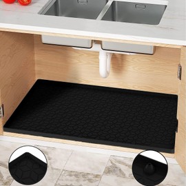 Under Sink Mat for Kitchen, Silicone Waterproof Liner, Flexible Organizer Tray with Drain Hole, 3.3 Gallons Capacity, Easy to Clean (Black, 28x19)