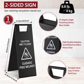 Stainless Steel Wet Floor Caution Sign Bulk 8.8 Pound Portable Foldable Handle Bilingual Safety Sign for Kitchen Restaurant Supermarket Shop Commercial Use Avoid Fall and Slip Accident (Black)