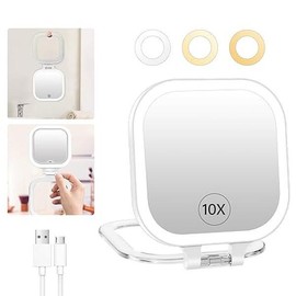 FASCINATE 10X Magnification Compact Travel Makeup Mirror with Lights and Magnification, 3.5 inch Portable 1X/10X Magnifying Mirror with 3 Color Light, Folding, Handheld Floral Mini Foldable Makeup Mirror - Color: Pink