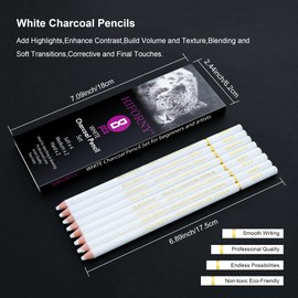 HIFORNY 8 Piece White Charcoal Pencils Drawing Set - Sketch Highlight White Pencils for Drawing, Sketching, Shading, Blending - White Chalk Pens for Beginners & Artists