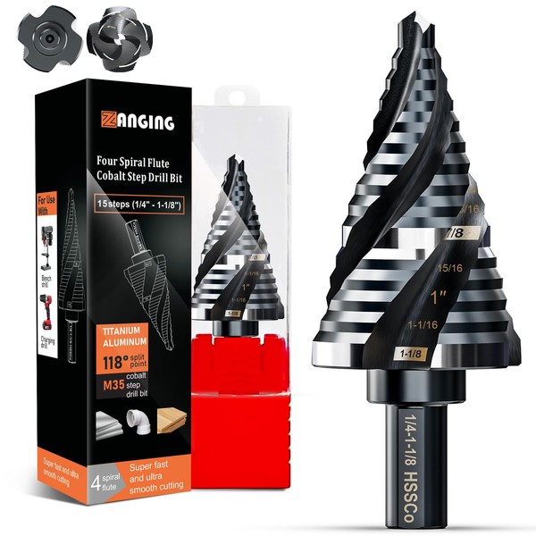 Four Spiral Flute Step Drill Bit for Metal,M35 Cobalt Unibit