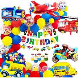 MOVINPE Transportation Birthday Decoration for Boys Happy Birthday Banner Cars School Bus Train Fire Truck Motorcycle Plane Foil Balloons Transport Vehicles Cake Topper Kids 2nd Birthday Decor