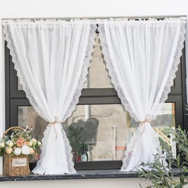 Yaland Linen Look Net Curtain with Delicate Lace Wave Edge Curtain in Kitchen, Living Room, Balcony, Country House Style, Rod Pocket, 1 Piece, White, H x W 160 x 80 cm