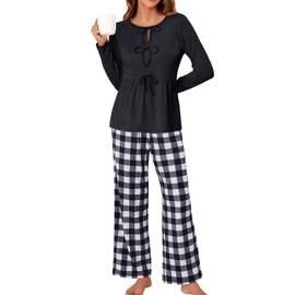 Blooming Jelly Womens 2 Piece Pajama Sets Bow Knot Lounge Sets Outfits Cozy Soft Pj Sets With Pockets (Medium, Black)
