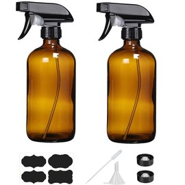 16 oz Amber Glass Spray Bottles - 2 Pack Refillable for Cleaning, Essential Oils, Plants, Hair Mister - Includes Labels & Funnel   Tin Canister