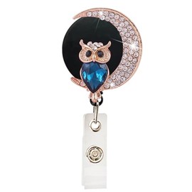 Bling Black Owl Crystal Badge Reels Retractable Rhinestone Badge Holder ID Name Badge Reels with Alligator Swivel Labels Indexesand Stamps ID Badge Clip for Teacher Worker Nurse Gift