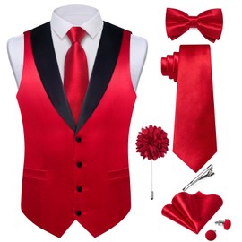 DiBanGu Mens Shiny Satin Vest Tie Set 8PCS Solid Waistcoat and Pre-tied Bowtie Shawl Collar Dress Vest for Wedding Formal, Red, Medium