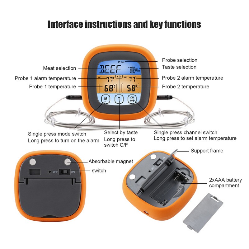 Barbecue Oven Thermometer Dual Probe Electronic Digital Display Touch Button