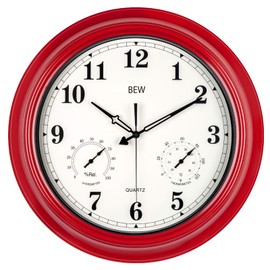 BEW Large Outdoor Clock for Patio, Waterproof Thermometer Hygrometer Combo Outdoor Clock, Silent Battery Operated Wall Clock for Pool, Balcony, Fence, Porch (18-Inch, Empire Red)