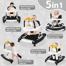 RefoereBabe Baby Walker with Wheels, 5 in 1 Baby Walkers for Boys Girls 6-12 Months, Foldable Walker Baby with Bouncer & Feeding Tray, Music, Adjustable Heights