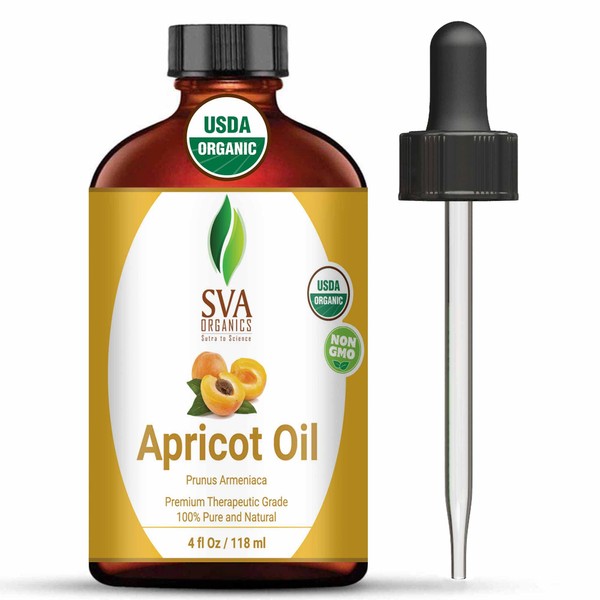 SVA ORGANICS Apricot Oil 4 Oz | Faint, Nutty aroma| – USDA Organic, 100% Pure Cold Pressed Carrier Oil, Premium Therapeutic Grade Oil for Nourished Skin, Healthy Hair, Body massages, Overall Health.