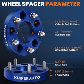 KUIPERAUTO 5x4.5 to 5x5 Wheel Spacers,1.25 inch Forged Wheel Adapters Compatible for Jeep Cherokee Wrangler Liberty Ford Explorer Ranger Mustang Lincoln,1/2"-20 Studs 71.5mm Center Bore,4 PCS Blue