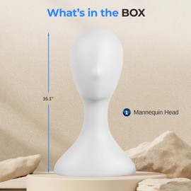 SereneLife Professional Mannequin Head, Women’s Wig Stand Display (16.1'' Height), Smooth Surface for Styling and Displaying Wigs, Hats & Jewelry