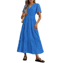 PRETTYGARDEN Womens 2025 Summer Maxi Dress Short Sleeve V Neck Hollow Out Eyelet A Line Long Flowy Beach Vacation Dresses (Blue,Medium)
