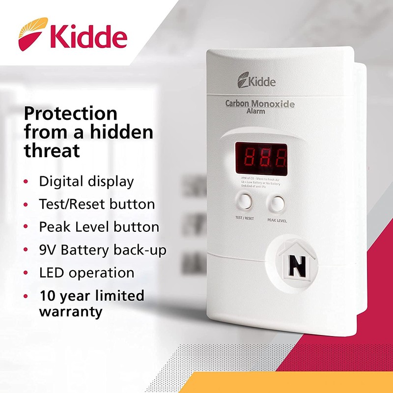 Kidde Carbon Monoxide Detector, Plug In Wall with 9-Volt Battery