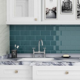 Lovdeco Peel and Stick Glass Subway Tile, 3 x 6 Inch, 5 Sq Ft, Dark Teal Glass for Bathroom Kitchen Backsplash Wall, 40-Pack
