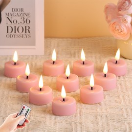 Eywamage Pink Flameless Wax Tealights with Remote Timer, Flickering LED Battery Tea Votive Candles Set of 10