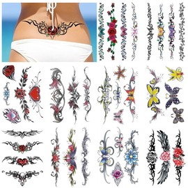 10 Blätter Fake, Temporäre Tattoos, Rose Blume Tattoo Arm Tattoo, Klebe Tattoos Erwachsene Tattoo Tatoos Aufkleben Damen Fake Tattoo Frauen, Sexy Rosen Schmetterling,Frauen Arme Tattoo