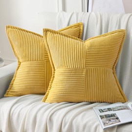 HAUSSY Mustard Yellow Decorative Throw Pillow Covers 24x24 Inch Set of 2,Soft Solid Corduroy Striped Cushion Case,Square Euro Pillow Shams,Winter Home Decorations for Couch,Bed