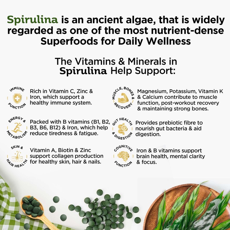 Organic Spirulina 500 Pure Tablets - 2000mg Serving, Cold-Pressed Rich