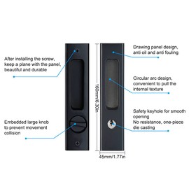 LWZH 6.3" Matte Black Privacy Pocket Door Lock Hardware, Invisible Recessed Handle Latch with Keys, Sliding Door Mortise Lock, Double Barn Door Lock Furniture Hardware