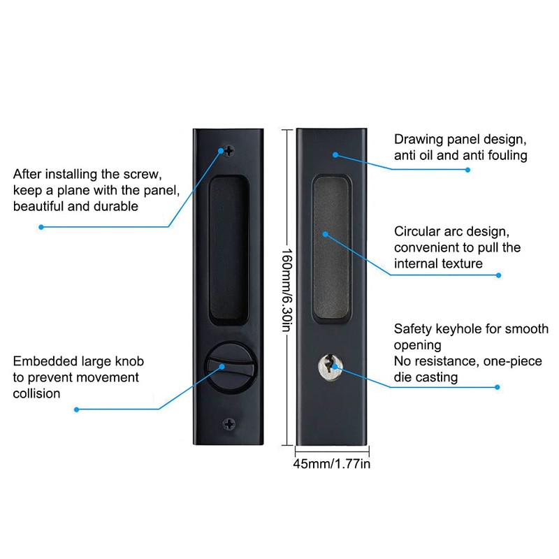 LWZH 6.3" Matte Black Privacy Pocket Door Lock Hardware, Invisible