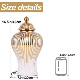 16.5" White and Gold Ceramic Ginger Jar with Lid - Modern Luxury Ceramic White Gold Ginger Jars for Home Decor, Living Room, Kitchen, Dining Table, Cabinet, Bookshelf Decor, Storage Ginger Jar
