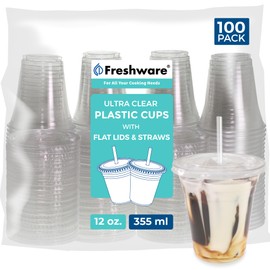 Freshware Clear Plastic Cups with Flat Lids and Straws [100 Cups - 12 oz] Disposable Cups for Iced Coffee, Smoothie, Milkshake, Cold Drinks
