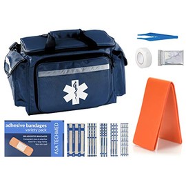 ASA TECHMED EMT First Responder Trauma Bag | Empty Deluxe EMS Shoulder Bag | Pro First Aid Kit Bag with 4 Large Compartments for Emergency Medical Supplies - Includes 280 Bandage Variety Pack (Blue)