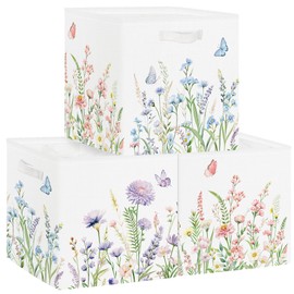 HUUMONSS 30 cm Storage Box Pack of 3 Garden Wild Flowers Storage Basket Children Folding Spring Butterfly with Handles Storage Cube Organiser for Toys Books Clothes