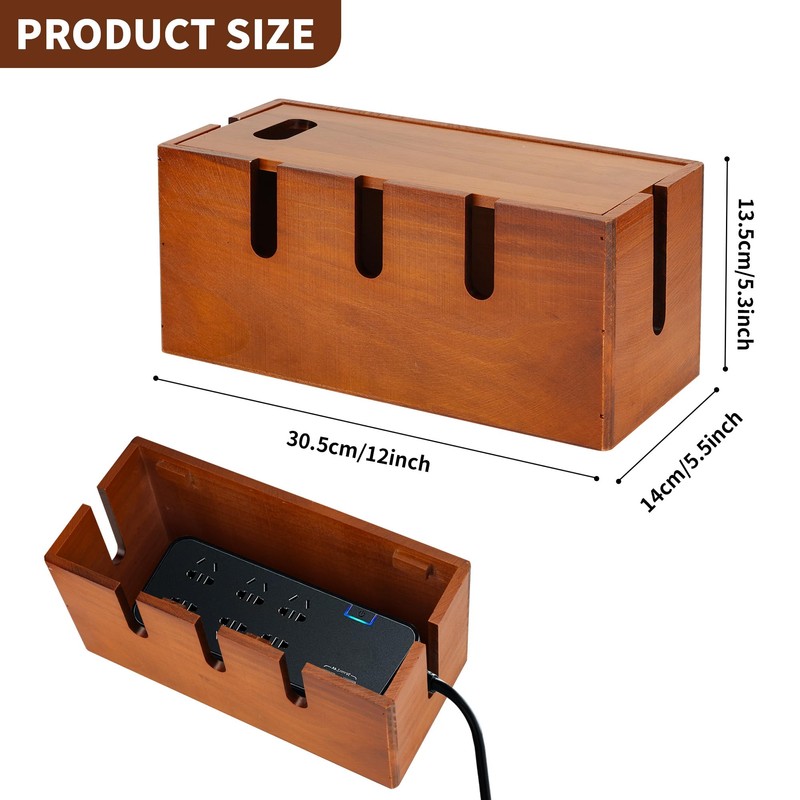 Axincardarm Wooden Cable Management Box Wood Cable Storage Organizer, Desk
