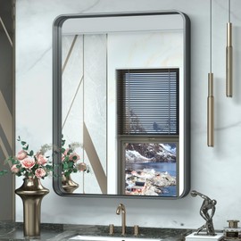 TokeShimi 28x36 Inch Black Bathroom Mirror for Wall Vanity Mirror with Non-Rusting Aluminum Alloy Metal Frame Rounded Corner for Modern Farmhouse Home Decor (Horizontal/Vertical)