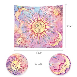 Ohjijinn Pastel Pink Tapestry Burning Sun Tapestry Mystic Tapestry Celestial Sun and Moon with Stars Tapestry Psychedelic Hippy Tie Dye Wall Hanging for Party Home Decor (Pastel, 51.2" x 59.1")