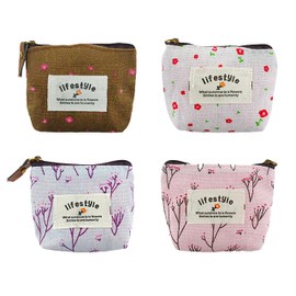 WisePoint 4 Pcs Coin Purse, Mini Canvas Change Purse Coin Pouch with Flower Pattern, Portable Purse Holder Girls Purse with Zipper for Cash, Keys, Coins, Credit Card, ID Card (Pink,White,Blue,Brown)