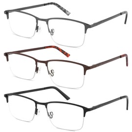 CRGATV 3-Pack Reading Glasses for Men Wide Blue Light Blocking Fashion Metal Half Frame Readers Anti UV/Eye Strain/Glare Semi Rimless Eyeglasses (+2.25x Magnification Strength)