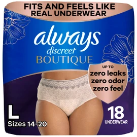 Always Discreet Boutique Incontinence and Postpartum Underwear for Women, Maximum Protection, Large, Rosy, 18 Count